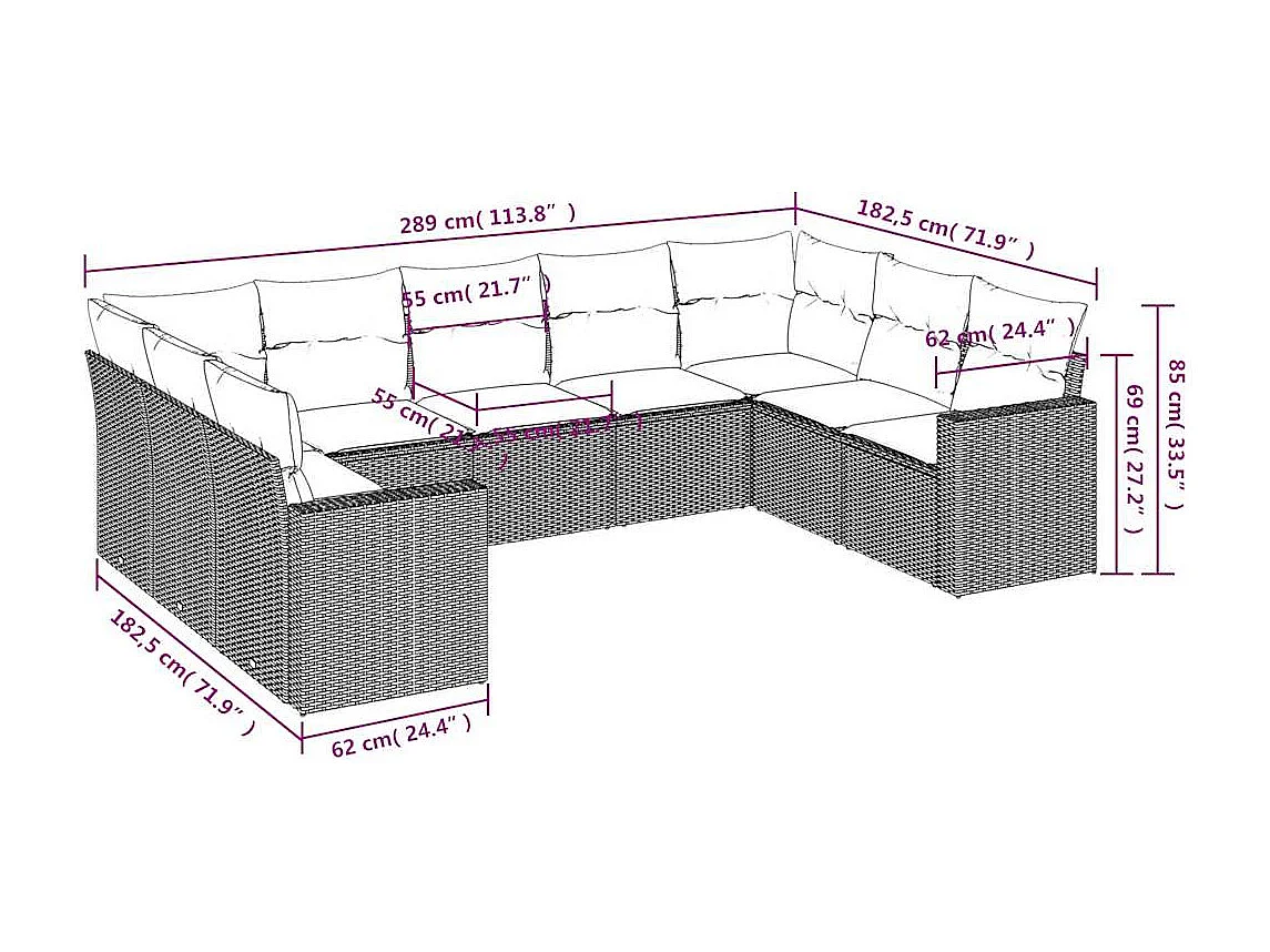 Móveis de jardim com almofadas 9 unidades de resina tecida marrom