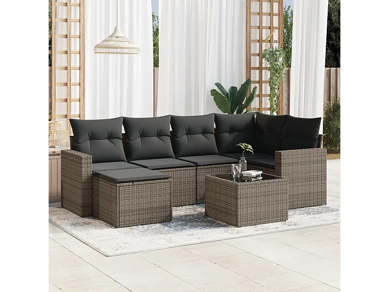 Salon de jardin avec coussins 7 pcs gris résine tressée