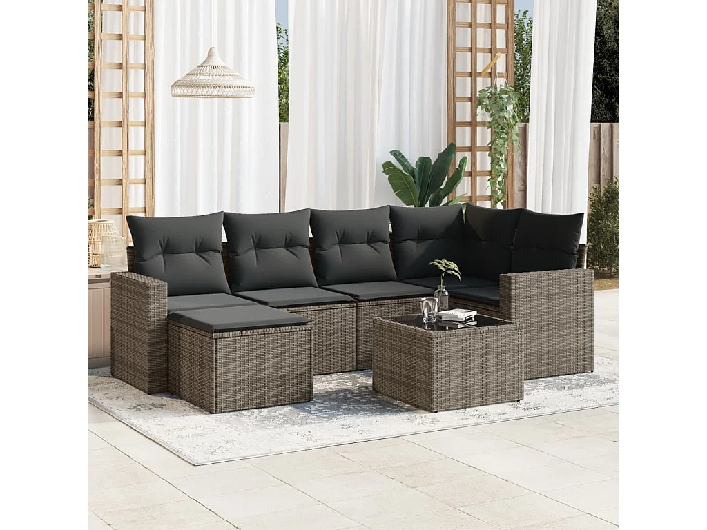 Salon de jardin avec coussins 7 pcs gris résine tressée