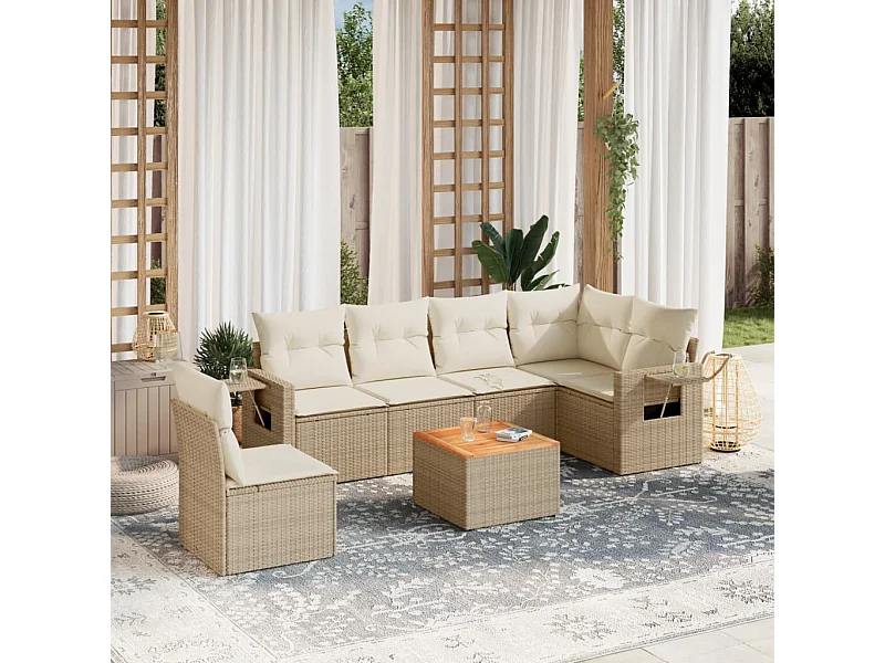 Salon de jardin avec coussins 7 pcs beige résine tressée