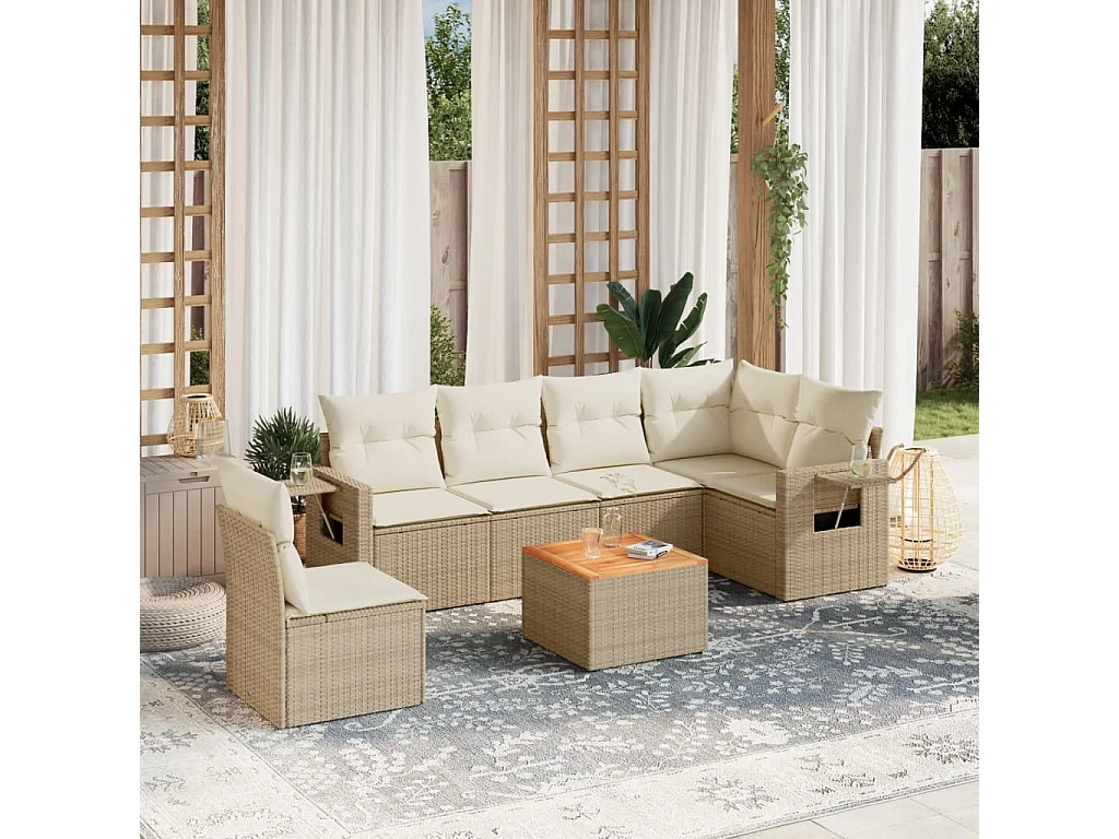 Salon de jardin avec coussins 7 pcs beige résine tressée
