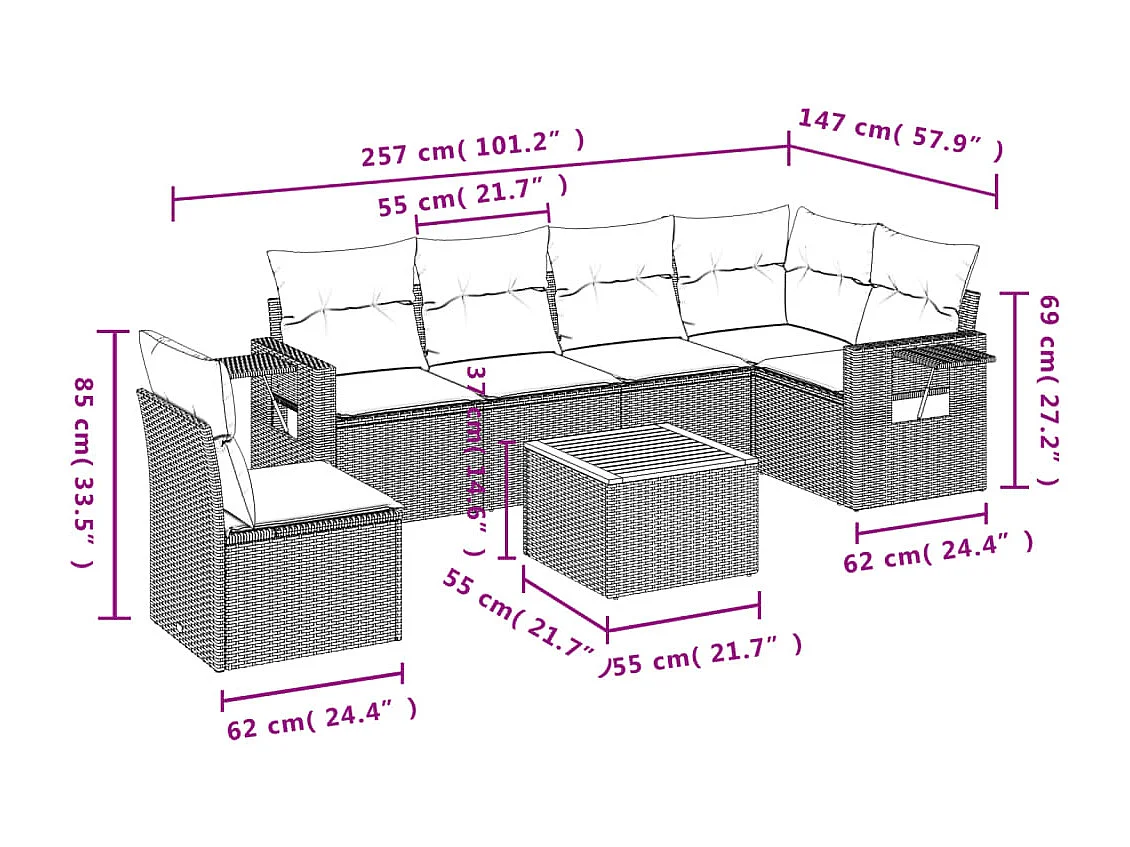 Salon de jardin avec coussins 7 pcs beige résine tressée