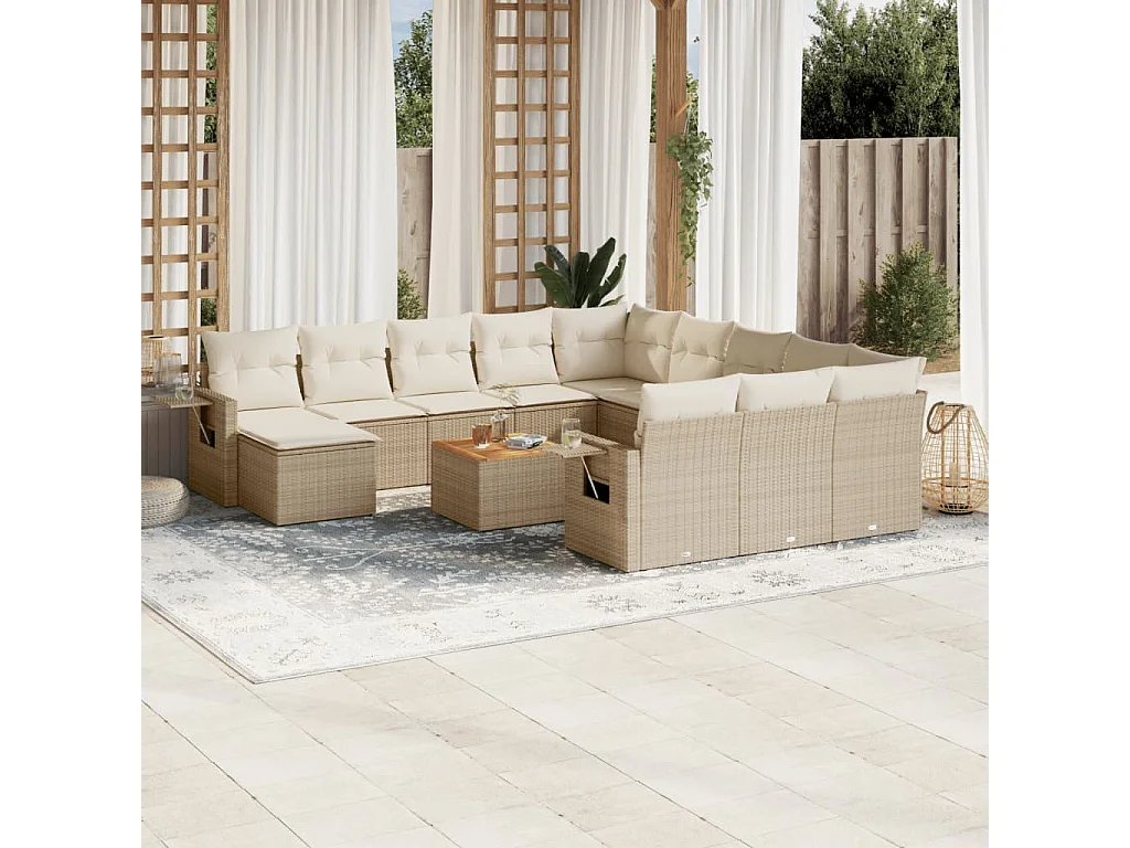 Salon de jardin avec coussins 13 pcs beige résine tressée