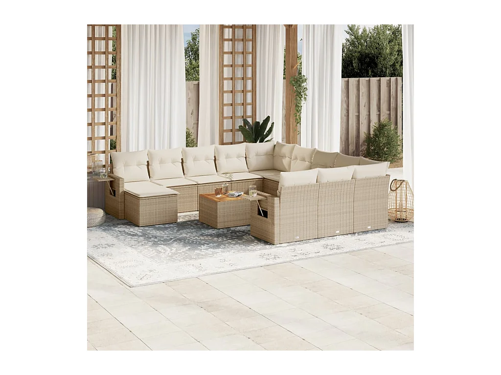 Salon de jardin avec coussins 13 pcs beige résine tressée