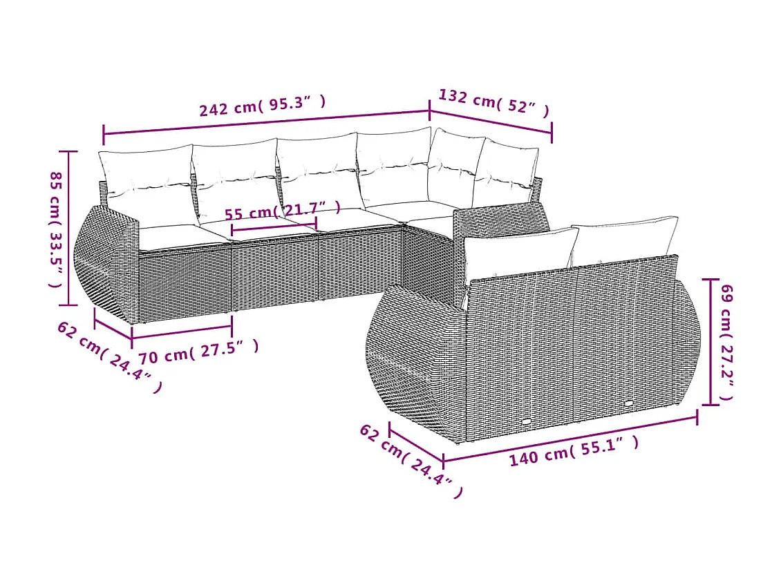 7-teilige Gartenmöbel mit schwarzen geflochtenen Harzkissen