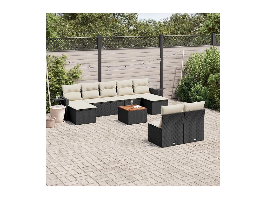 Salon de jardin 10 pcs avec coussins noir résine tressée
