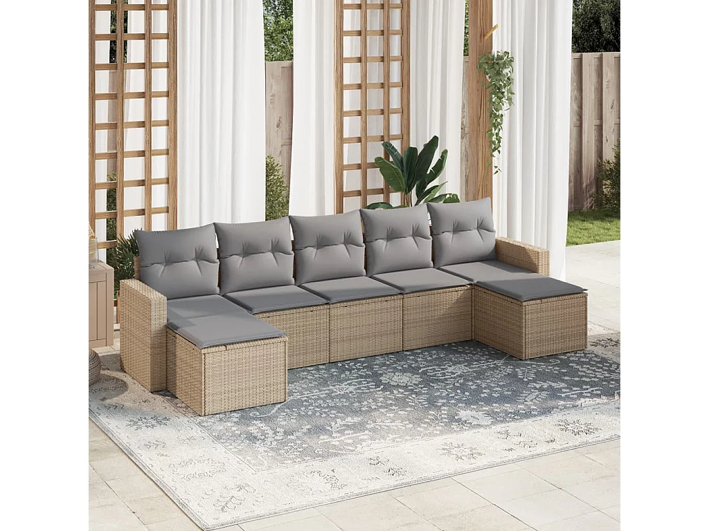 Salon de jardin avec coussins 7 pcs beige résine tressée