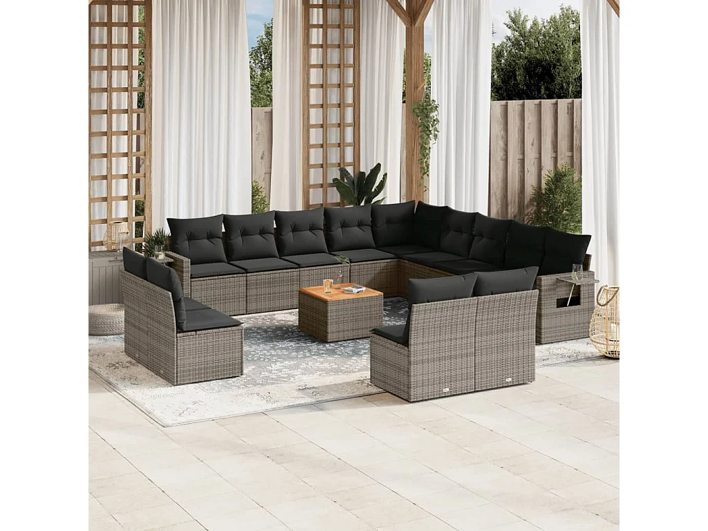 Salon de jardin avec coussins 14 pcs gris résine tressée