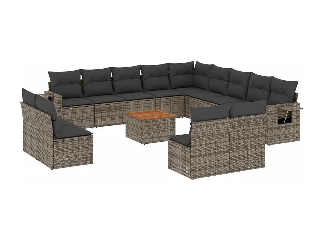 Salon de jardin avec coussins 14 pcs gris résine tressée