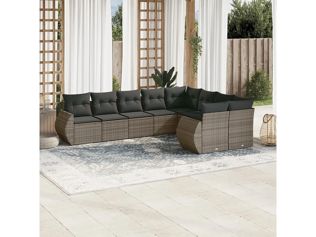 Muebles de jardín de 9 piezas con cojines de resina tejida gris.