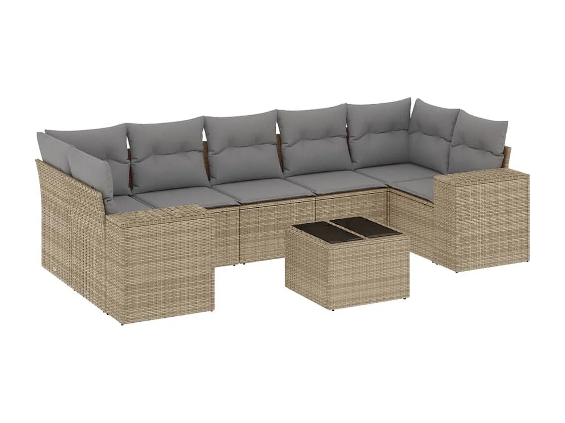 Salon de jardin avec coussins 8 pcs beige résine tressée
