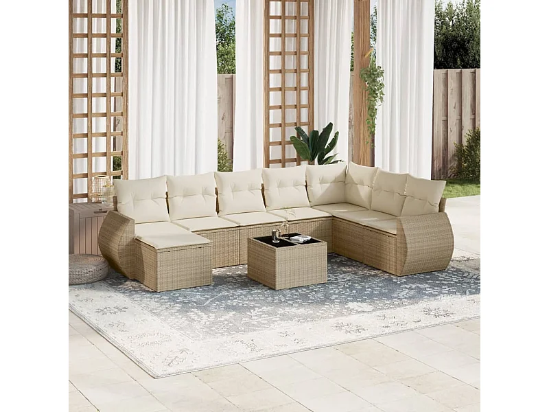Salon de jardin avec coussins 9 pcs beige résine tressée