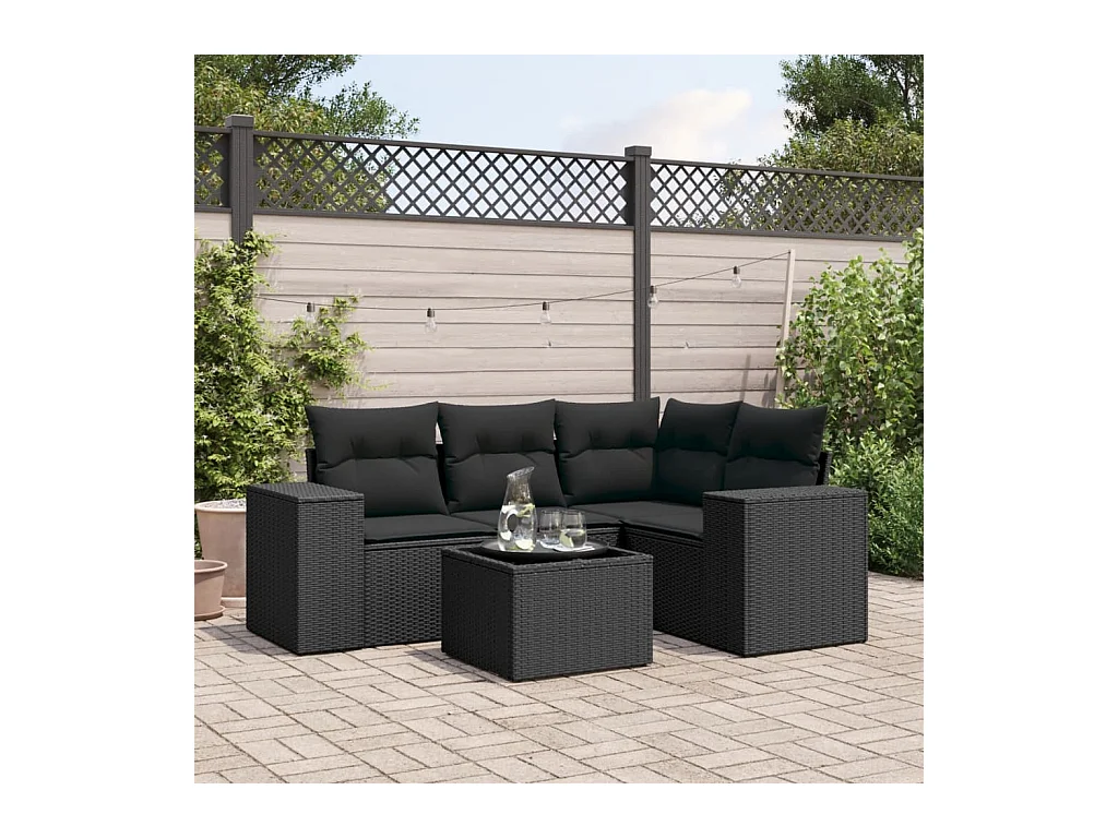 Salon de jardin 5 pcs avec coussins noir résine tressée