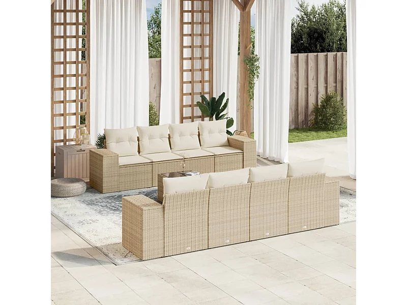 Salon de jardin avec coussins 9 pcs beige résine tressée