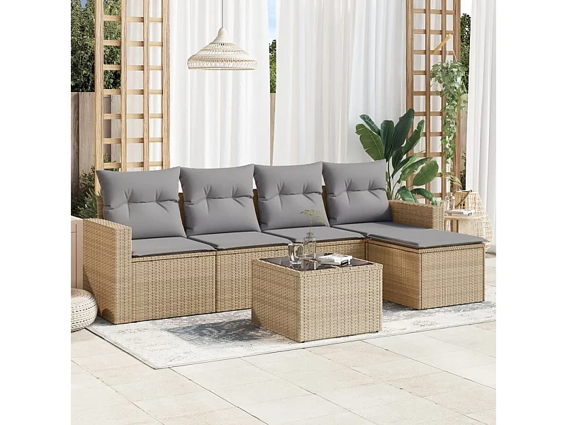 Mobile da giardino con cuscini 6 pz in resina intrecciata beige