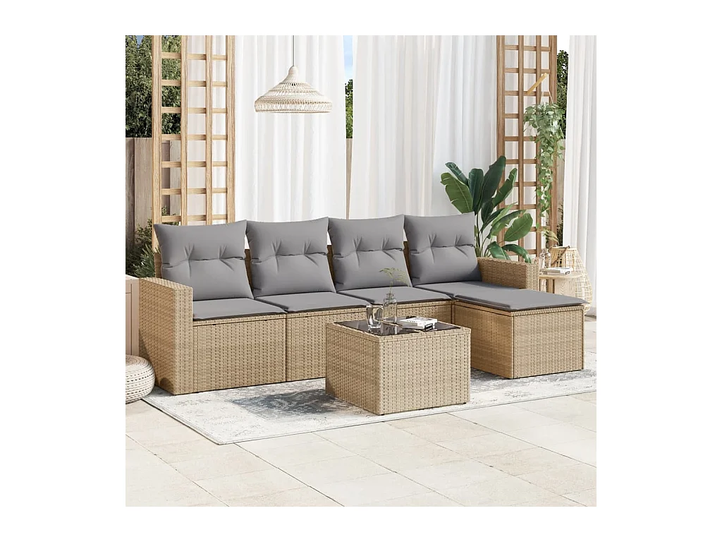 Mobile da giardino con cuscini 6 pz in resina intrecciata beige