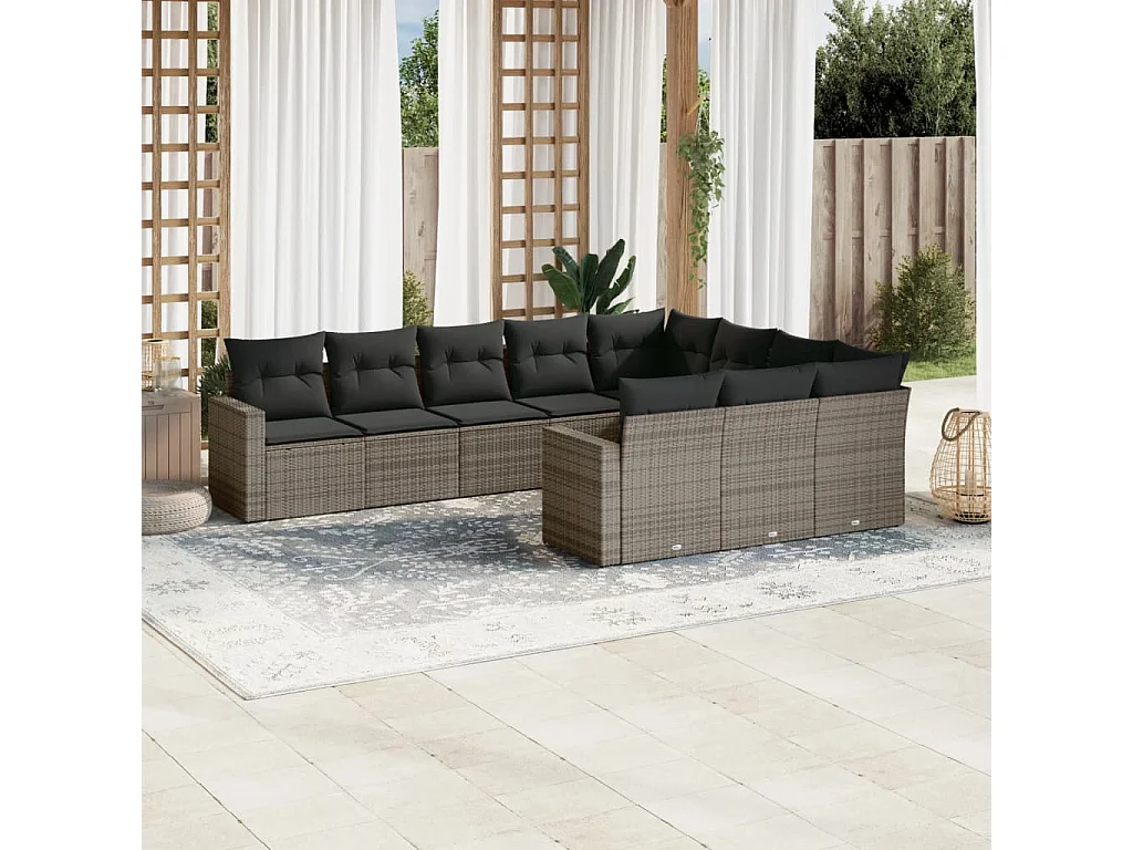 Salon de jardin avec coussins 10 pcs gris résine tressée