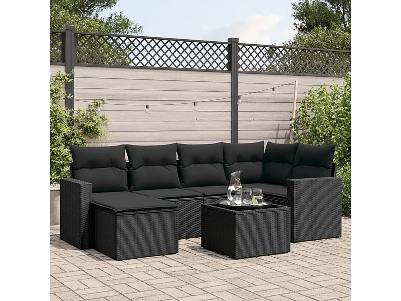 Mobili da giardino 7 pezzi con cuscini in resina intrecciata nera
