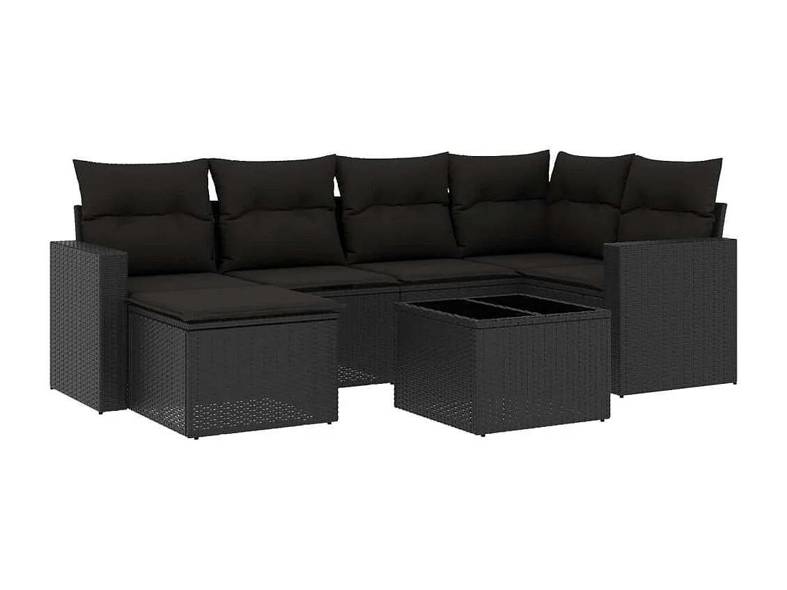 Mobili da giardino 7 pezzi con cuscini in resina intrecciata nera