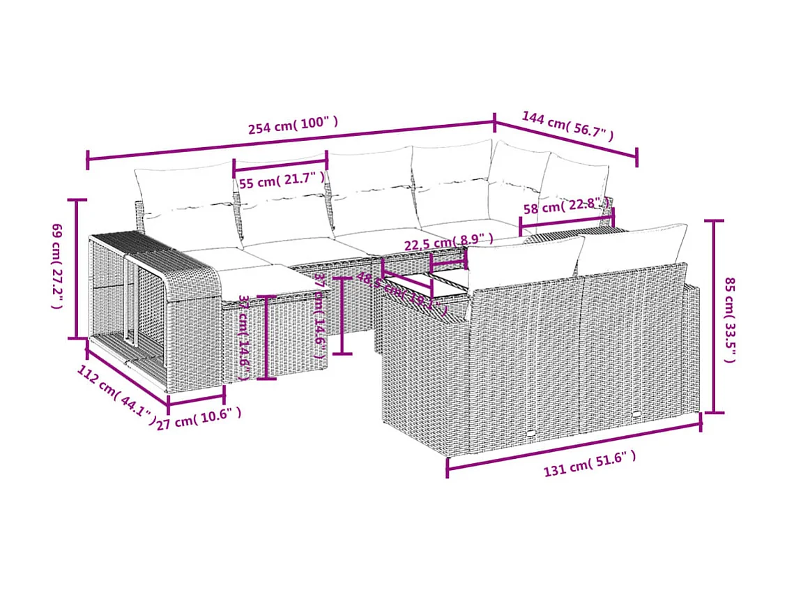 11 stuks tuinmeubelen met zwart geweven harskussens