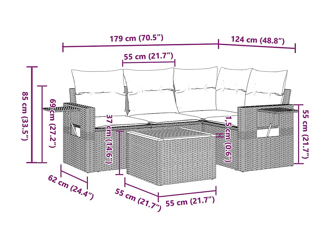 Muebles de jardín de 5 piezas con cojines de resina tejida gris.