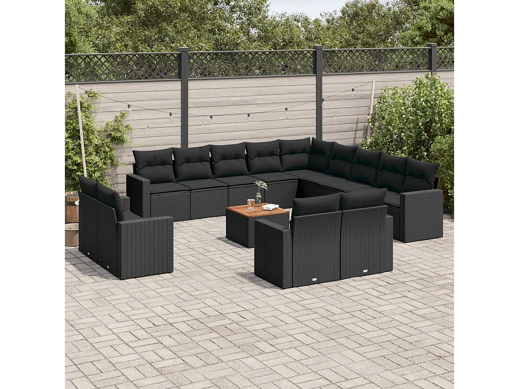 Salon de jardin avec coussins 14 pcs noir résine tressée
