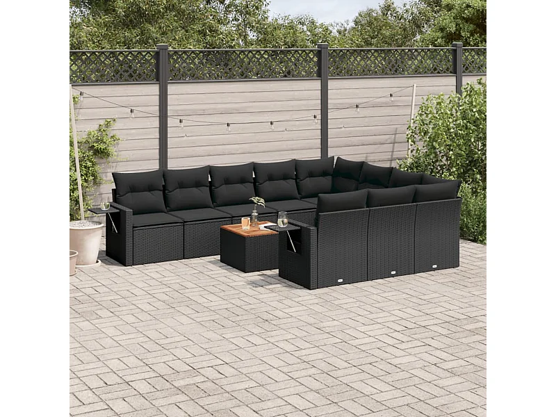 Salon de jardin 11 pcs avec coussins noir résine tressée