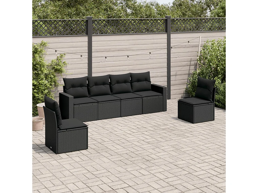 Salon de jardin 6 pcs avec coussins noir résine tressée