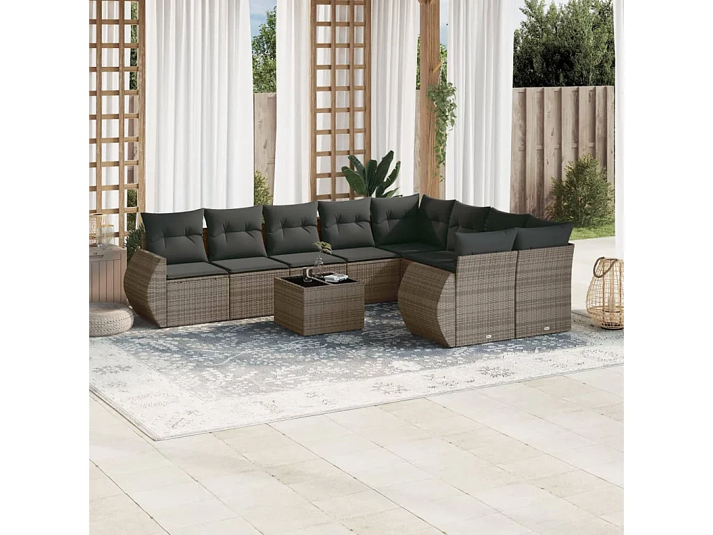 Muebles de jardín con cojines 10 piezas resina tejida gris.