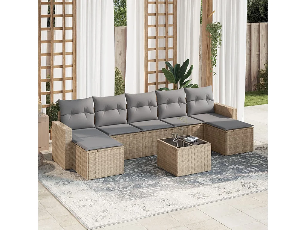 Muebles de jardín con cojines 8 piezas resina tejida beige