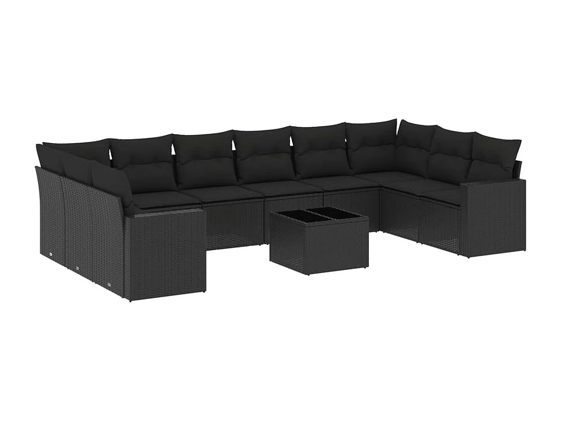 11 muebles de jardín con cojines de resina tejida en negro.