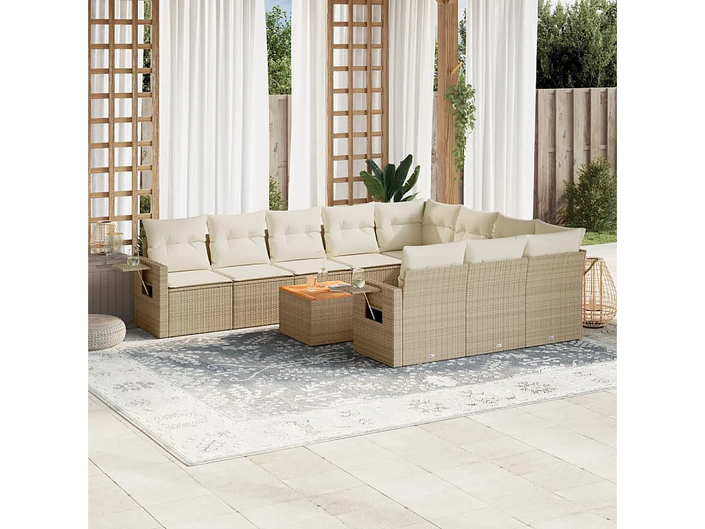 Salon de jardin 11 pcs avec coussins beige résine tressée