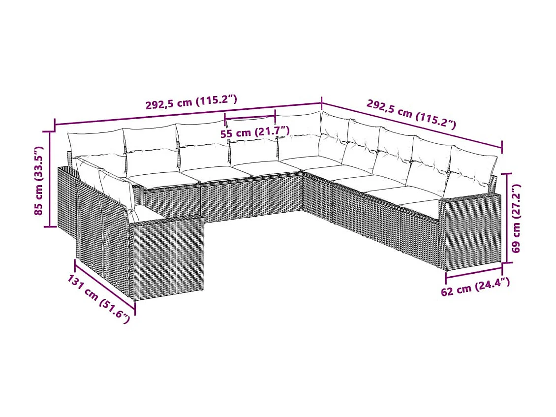Salon de jardin 11 pcs avec coussins gris clair résine tressée