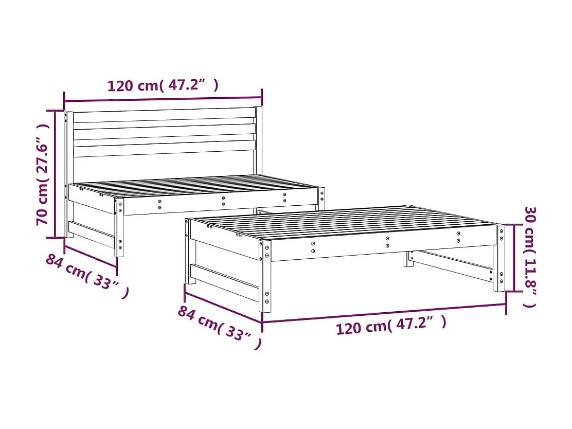 Salon de jardin 2 pcs gris bois massif de pin