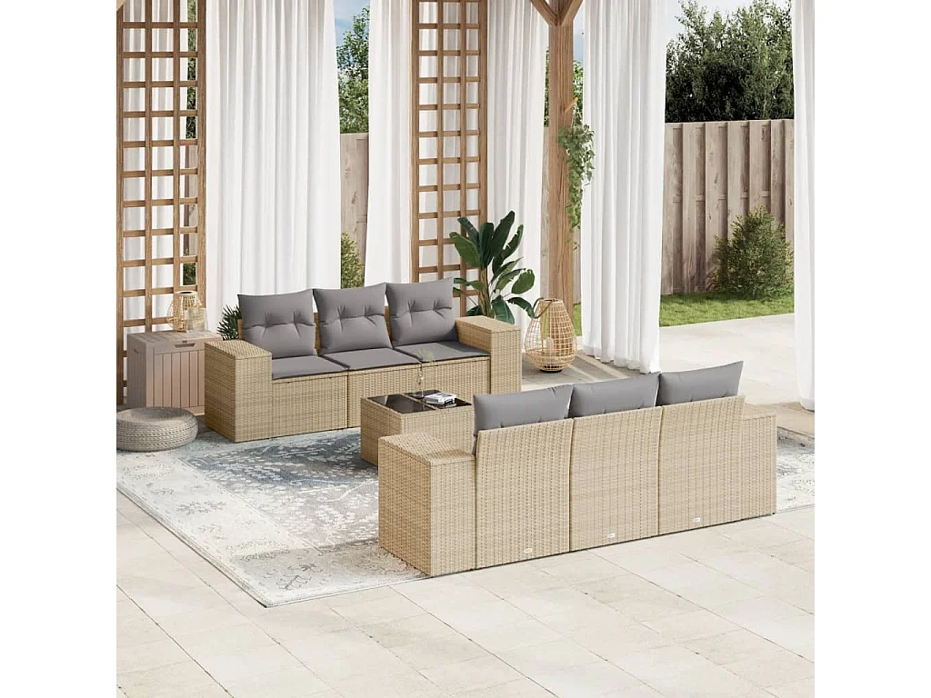 Salon de jardin avec coussins 7 pcs beige résine tressée