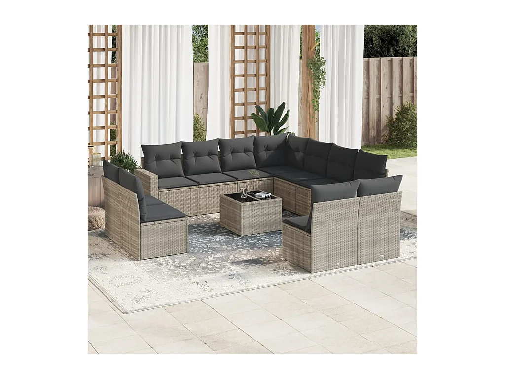 Salon de jardin avec coussins 12 pcs gris clair résine tressée