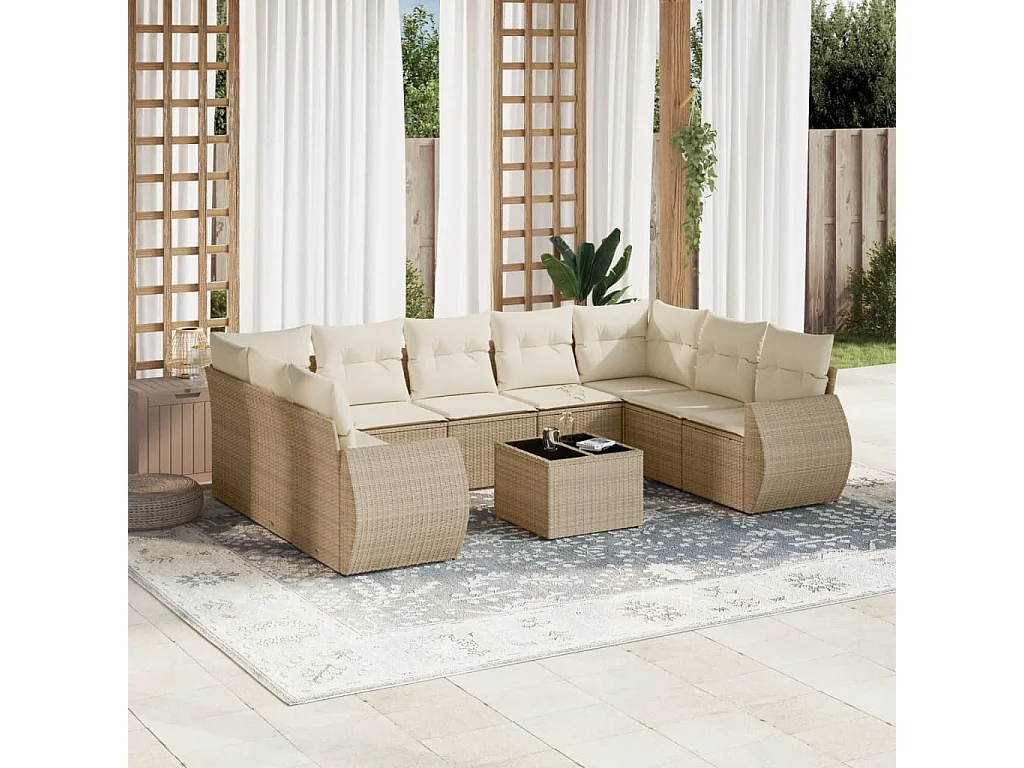 Mobile da giardino con cuscini 10 pz in resina intrecciata beige