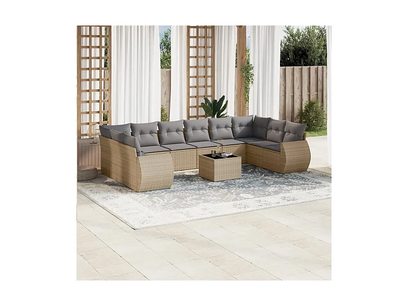 Salon de jardin 11 pcs avec coussins beige résine tressée
