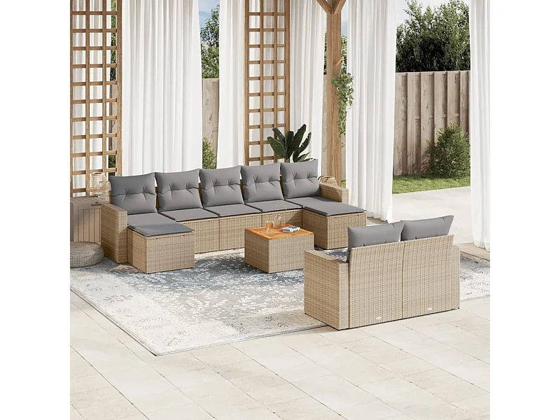 Mobile da giardino con cuscini 10 pz in resina intrecciata beige