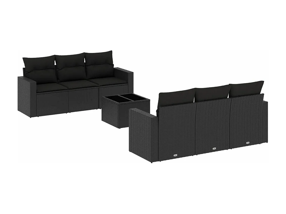 Muebles de jardín de 7 piezas con cojines de resina tejida en negro.
