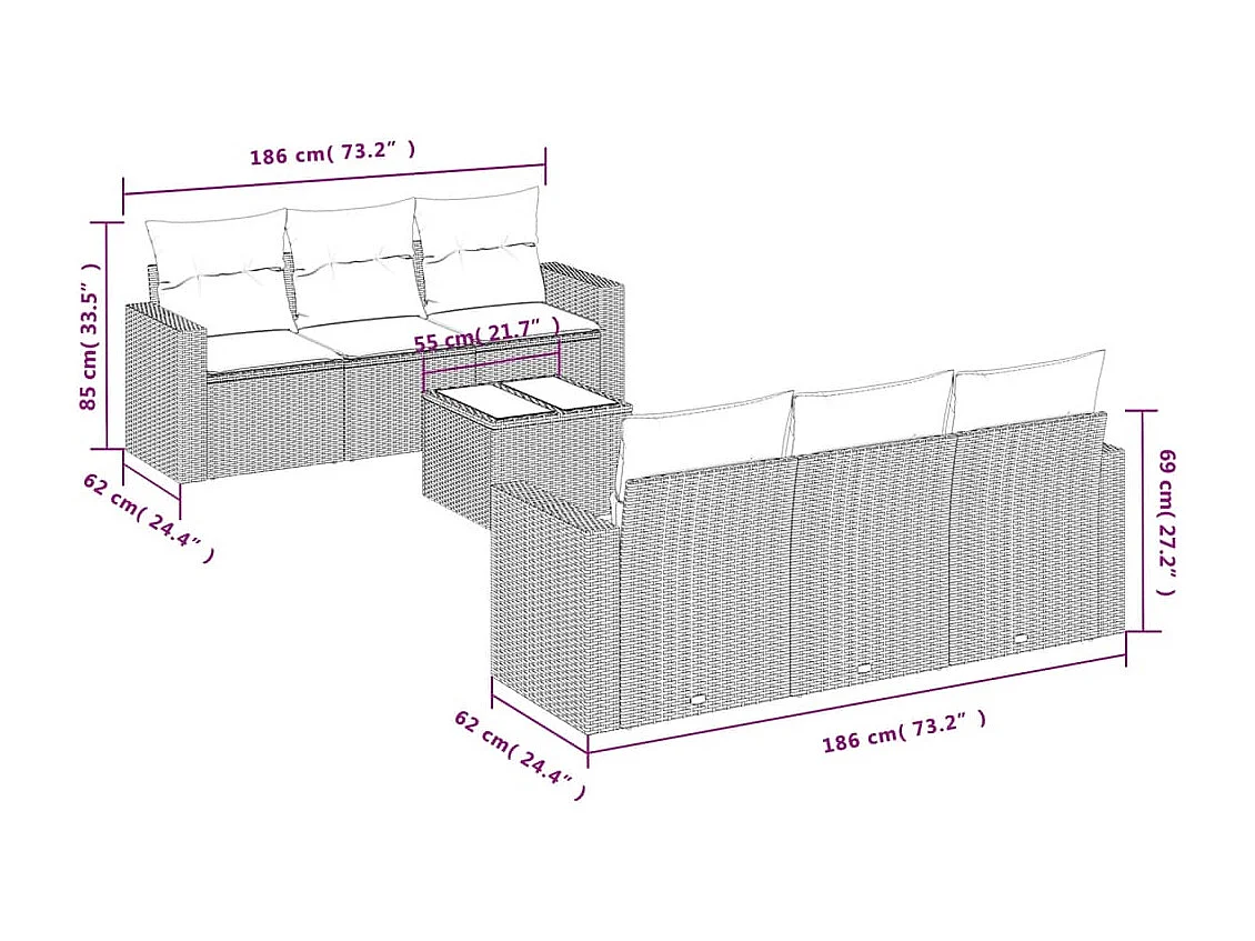Muebles de jardín de 7 piezas con cojines de resina tejida en negro.