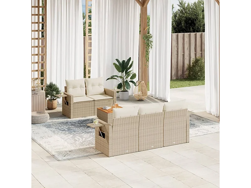 Mobile da giardino con cuscini 6 pz in resina intrecciata beige