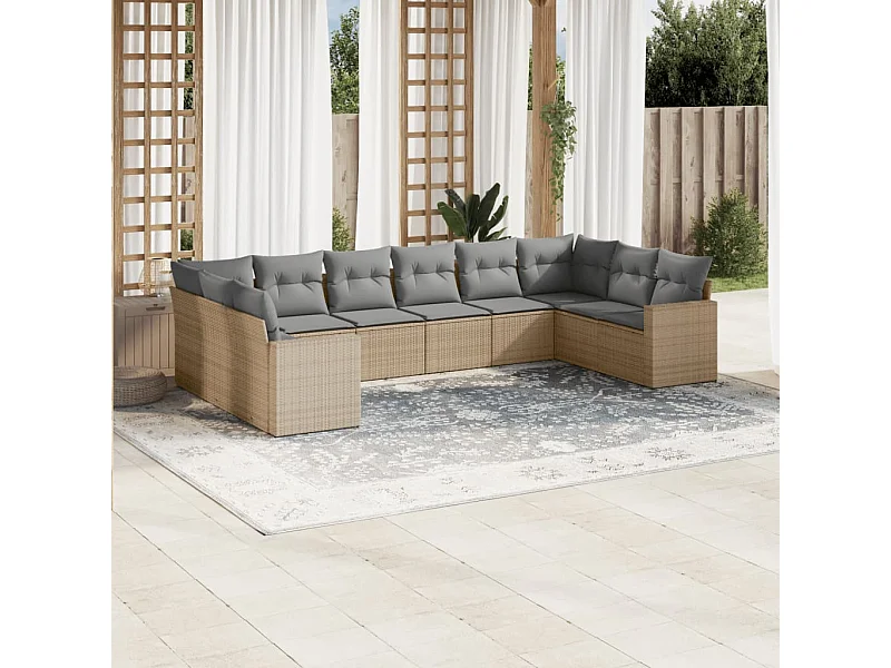 Salon de jardin avec coussins 10 pcs beige résine tressée