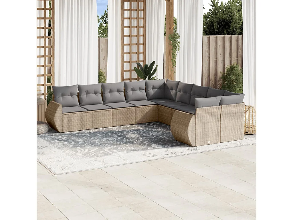 Salon de jardin avec coussins 10 pcs beige résine tressée