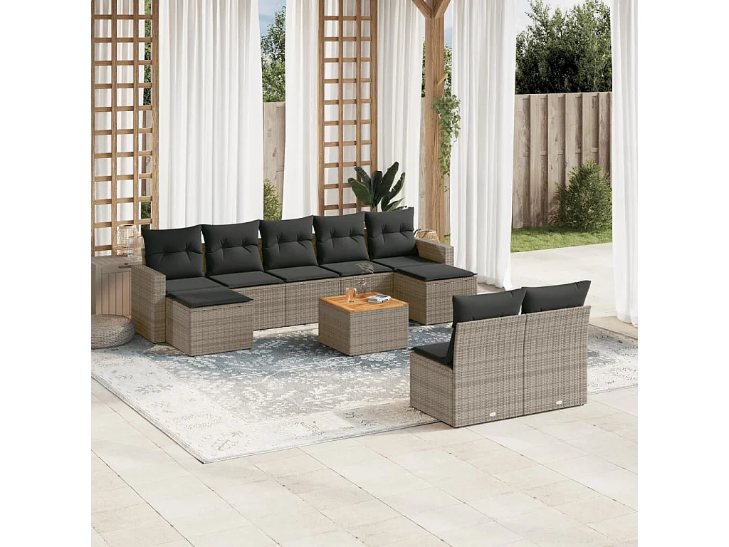 Muebles de jardín con cojines 10 piezas resina tejida gris.