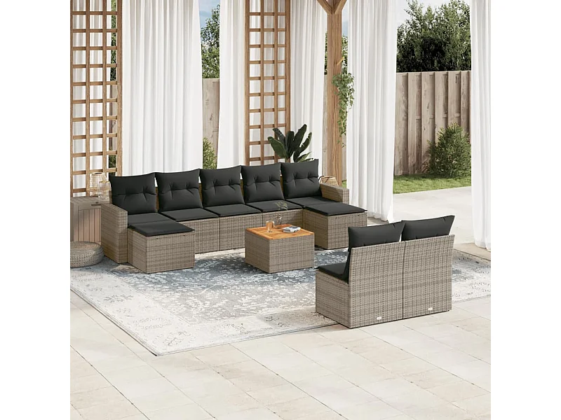 Salon de jardin avec coussins 10 pcs gris résine tressée