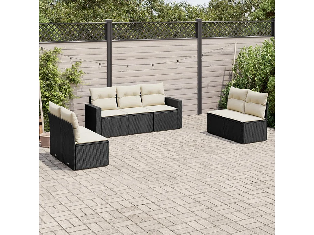 Salon de jardin 7 pcs avec coussins noir résine tressée