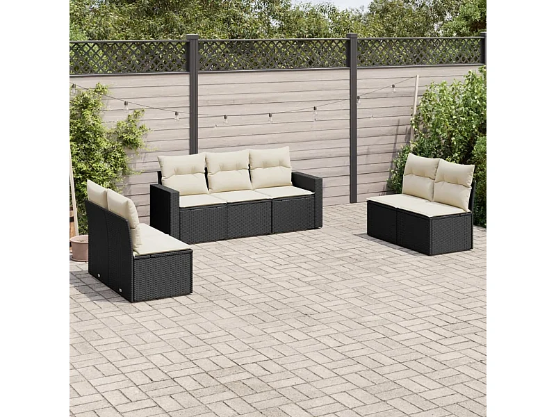 Salon de jardin 7 pcs avec coussins noir résine tressée