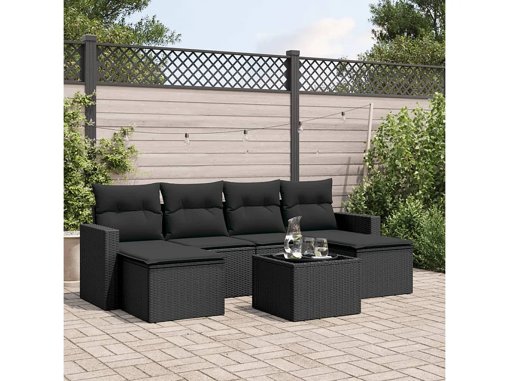 Salon de jardin 7 pcs avec coussins noir résine tressée