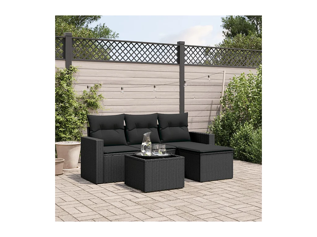 Salon de jardin 5 pcs avec coussins noir résine tressée